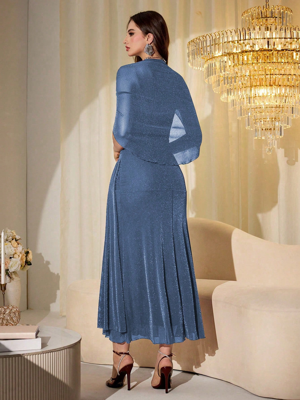 Modelyn Elegant Mesh Shiny Strapless Shawl Sleeve Fitted Long Dress For Women, Spring & Autumn