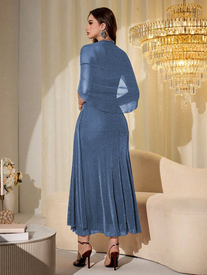 Modelyn Elegant Mesh Shiny Strapless Shawl Sleeve Fitted Long Dress For Women, Spring & Autumn