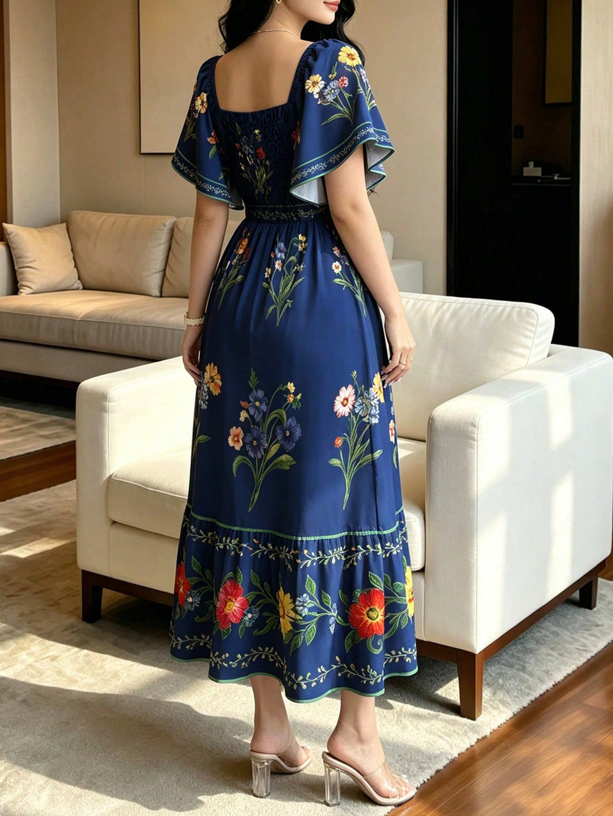 Modelyn Floral Plant Print Fashion Square Neck Large Flutter Sleeve Design Cap Sleeve Dress, Summer Waist-Cinching Midi Dress, Floral Pattern Brown Long Dress
