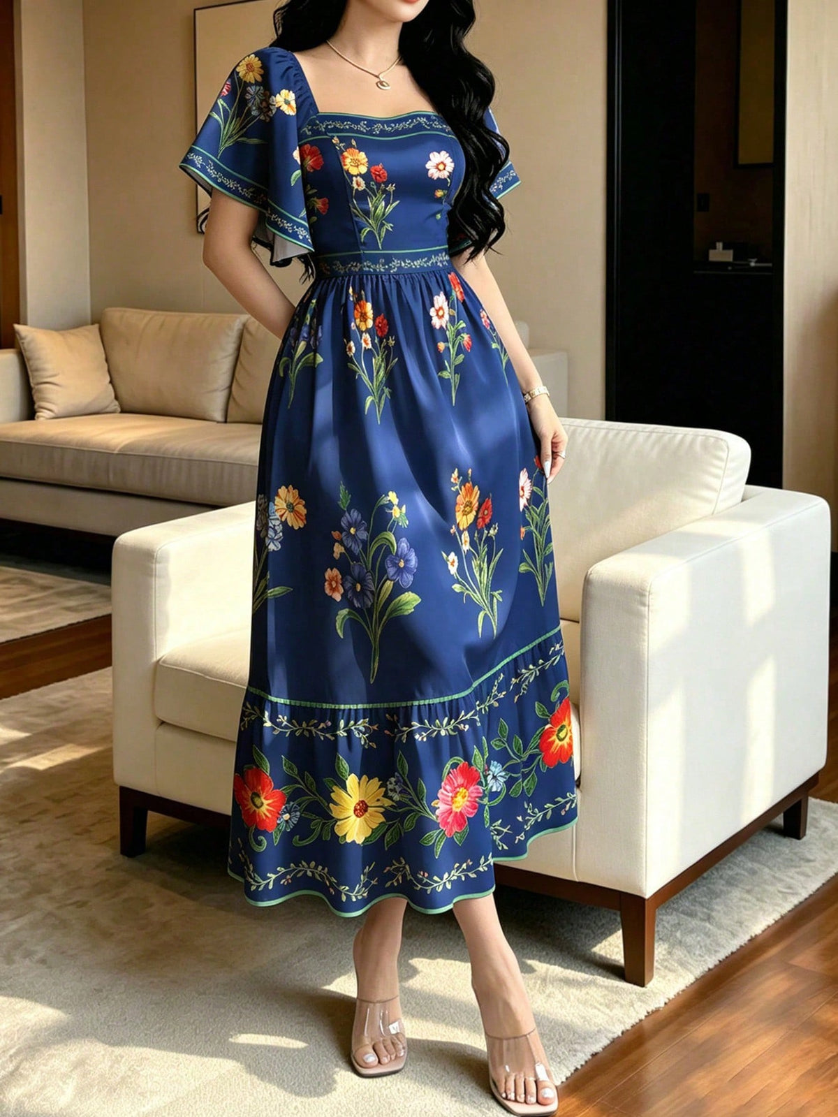 Modelyn Floral Plant Print Fashion Square Neck Large Flutter Sleeve Design Cap Sleeve Dress, Summer Waist-Cinching Midi Dress, Floral Pattern Brown Long Dress