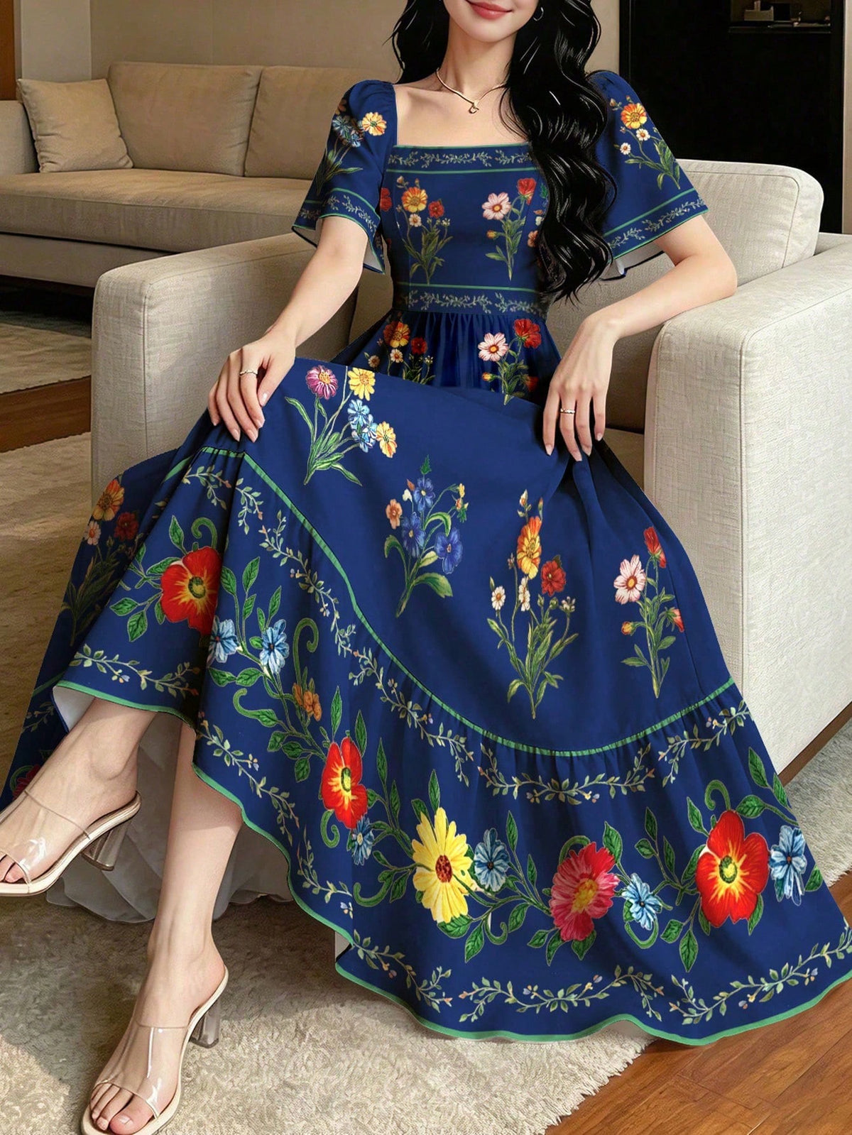 Modelyn Floral Plant Print Fashion Square Neck Large Flutter Sleeve Design Cap Sleeve Dress, Summer Waist-Cinching Midi Dress, Floral Pattern Brown Long Dress
