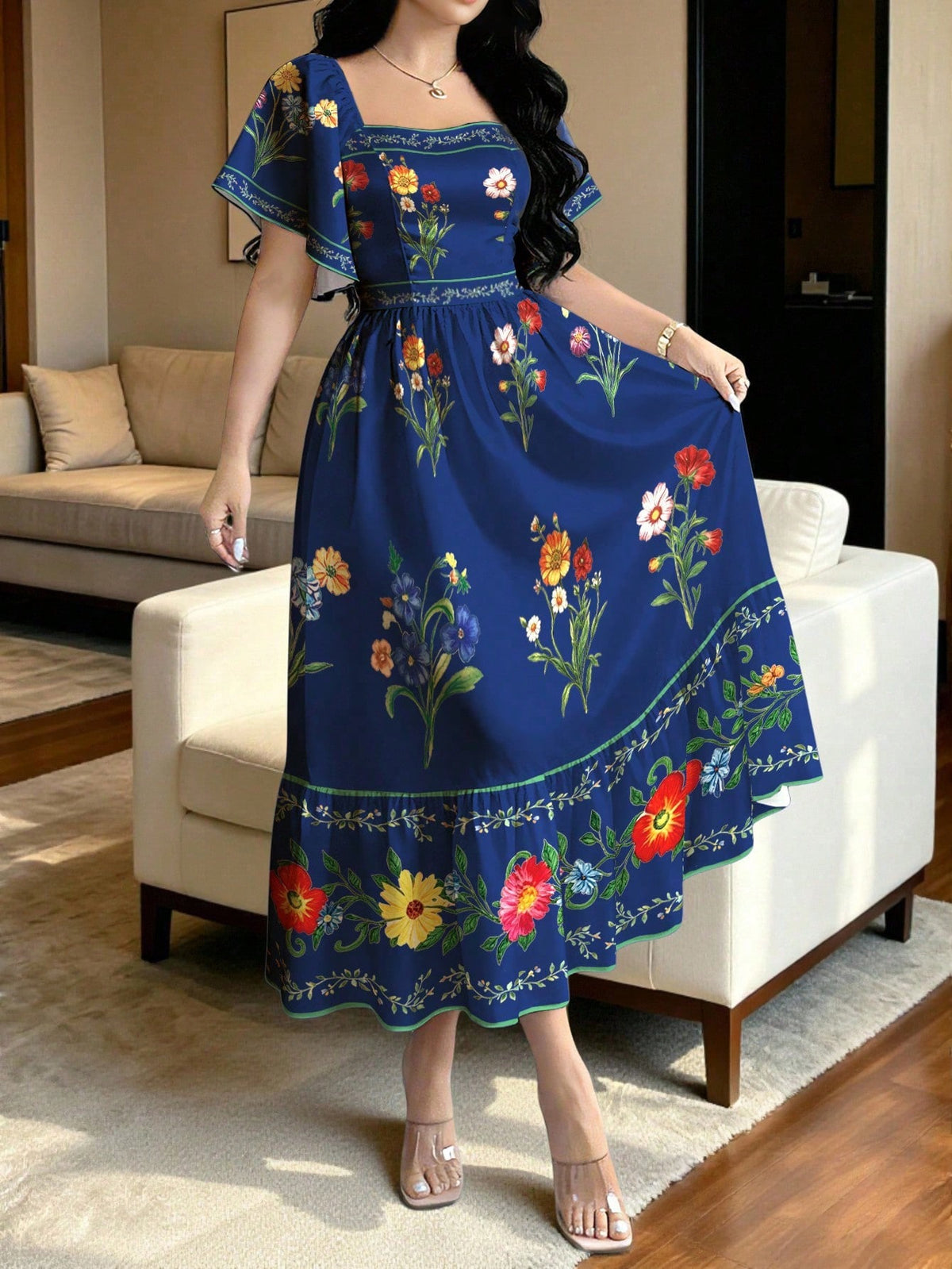 Modelyn Floral Plant Print Fashion Square Neck Large Flutter Sleeve Design Cap Sleeve Dress, Summer Waist-Cinching Midi Dress, Floral Pattern Brown Long Dress