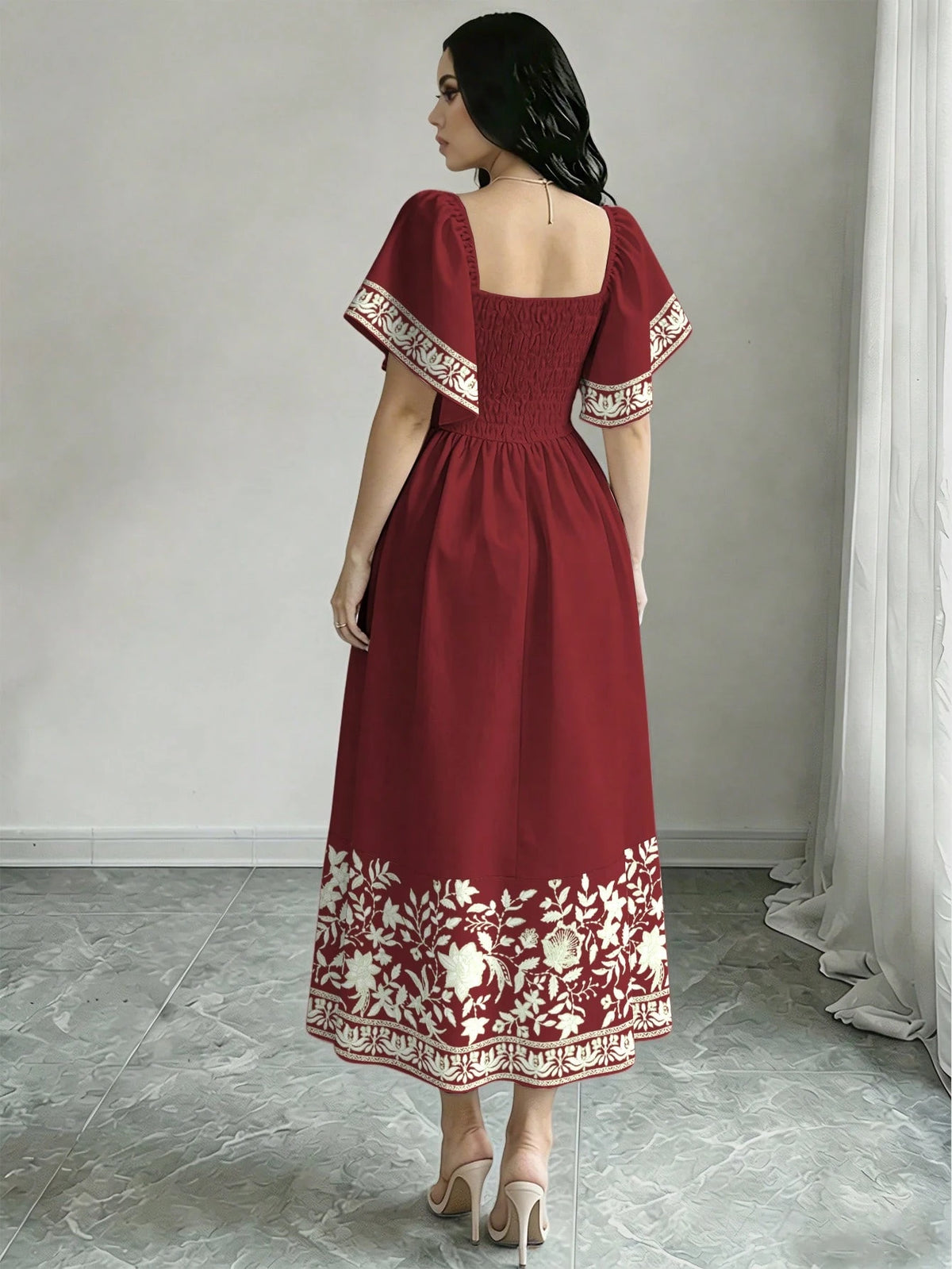 Modelyn Floral Plant Print Fashion Square Neck Large Flutter Sleeve Design Cap Sleeve Dress, Summer Waist-Cinching Midi Dress, Floral Pattern Brown Long Dress