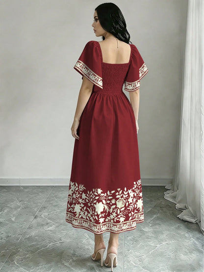 Modelyn Floral Plant Print Fashion Square Neck Large Flutter Sleeve Design Cap Sleeve Dress, Summer Waist-Cinching Midi Dress, Floral Pattern Brown Long Dress