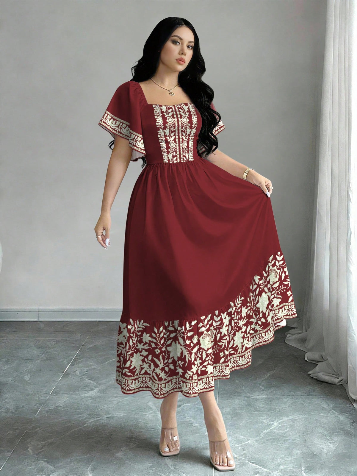 Modelyn Floral Plant Print Fashion Square Neck Large Flutter Sleeve Design Cap Sleeve Dress, Summer Waist-Cinching Midi Dress, Floral Pattern Brown Long Dress