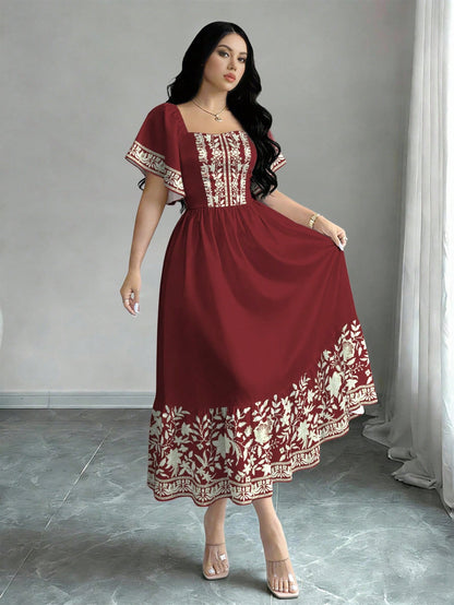 Modelyn Floral Plant Print Fashion Square Neck Large Flutter Sleeve Design Cap Sleeve Dress, Summer Waist-Cinching Midi Dress, Floral Pattern Brown Long Dress