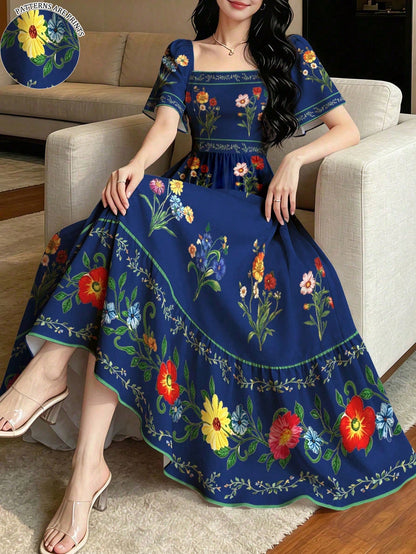 Modelyn Floral Plant Print Fashion Square Neck Large Flutter Sleeve Design Cap Sleeve Dress, Summer Waist-Cinching Midi Dress, Floral Pattern Brown Long Dress
