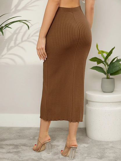 Modelyn Ribbed Knit Lettuce Trim Bodycon Skirt