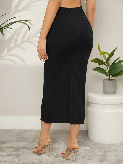 Modelyn Ribbed Knit Lettuce Trim Bodycon Skirt