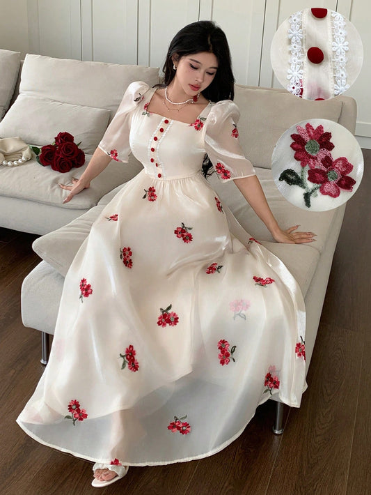 Modelyn Square Neck Embroidered Ditsy Floral Ruched Waist Puff Sleeve Slim Fit Dress For Women, Spring/Summer