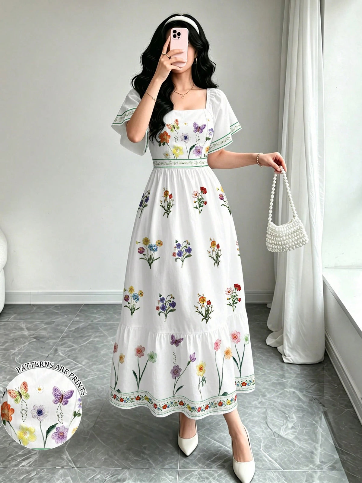 Modelyn Women's Elegant Floral Plant Print White Dress, Fashion Square Neck Large Flutter Sleeve Cap Sleeve Dress, Hemline Patchwork Ruffle Design, Bohemian Style Women's Clothing, Summer Daily And Ou