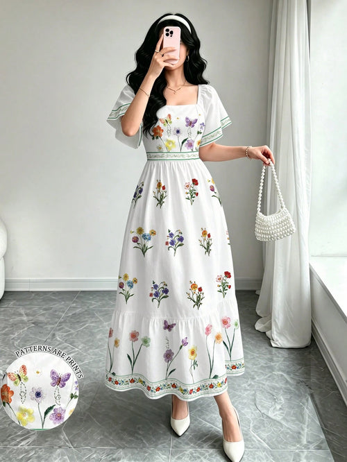 Modelyn Women's Elegant Floral Plant Print White Dress, Fashion Square Neck Large Flutter Sleeve Cap Sleeve Dress, Hemline Patchwork Ruffle Design, Bohemian Style Women's Clothing, Summer Daily And Ou