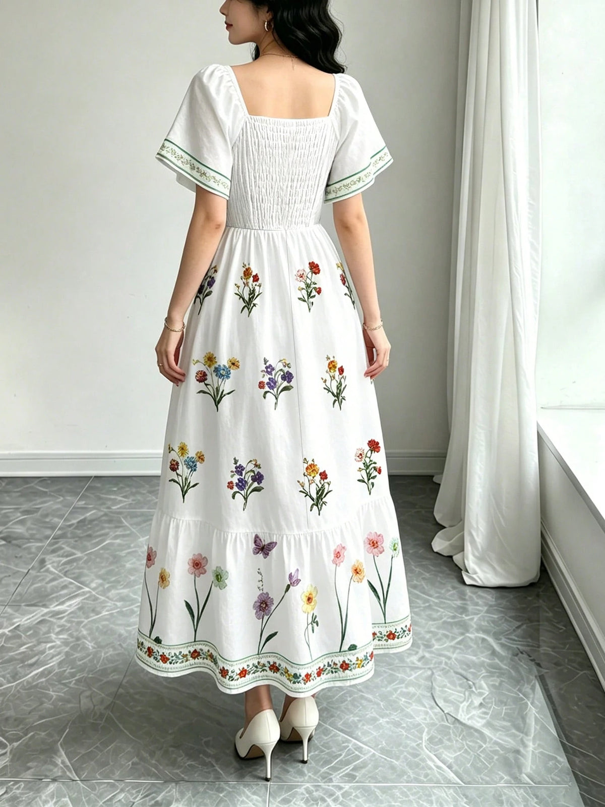 Modelyn Women's Elegant Floral Plant Print White Dress, Fashion Square Neck Large Flutter Sleeve Cap Sleeve Dress, Hemline Patchwork Ruffle Design, Bohemian Style Women's Clothing, Summer Daily And Ou