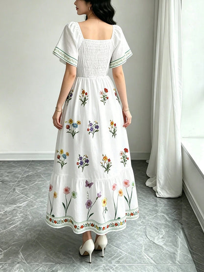Modelyn Women's Elegant Floral Plant Print White Dress, Fashion Square Neck Large Flutter Sleeve Cap Sleeve Dress, Hemline Patchwork Ruffle Design, Bohemian Style Women's Clothing, Summer Daily And Ou