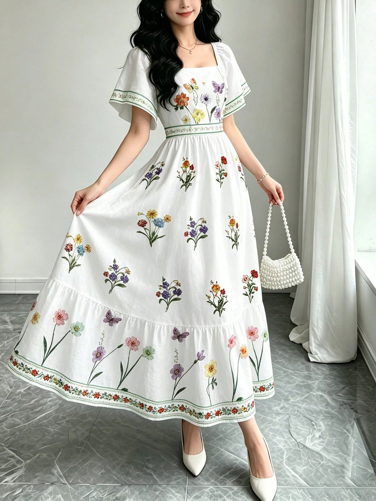 Modelyn Women's Elegant Floral Plant Print White Dress, Fashion Square Neck Large Flutter Sleeve Cap Sleeve Dress, Hemline Patchwork Ruffle Design, Bohemian Style Women's Clothing, Summer Daily And Ou