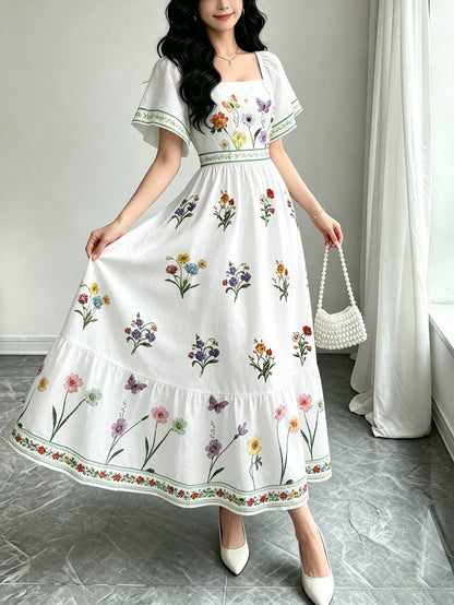 Modelyn Women's Elegant Floral Plant Print White Dress, Fashion Square Neck Large Flutter Sleeve Cap Sleeve Dress, Hemline Patchwork Ruffle Design, Bohemian Style Women's Clothing, Summer Daily And Ou