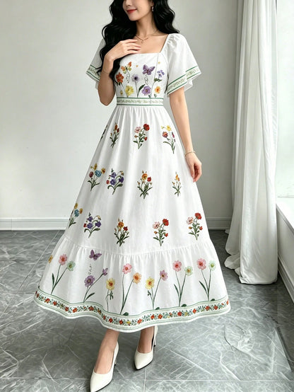 Modelyn Women's Elegant Floral Plant Print White Dress, Fashion Square Neck Large Flutter Sleeve Cap Sleeve Dress, Hemline Patchwork Ruffle Design, Bohemian Style Women's Clothing, Summer Daily And Ou