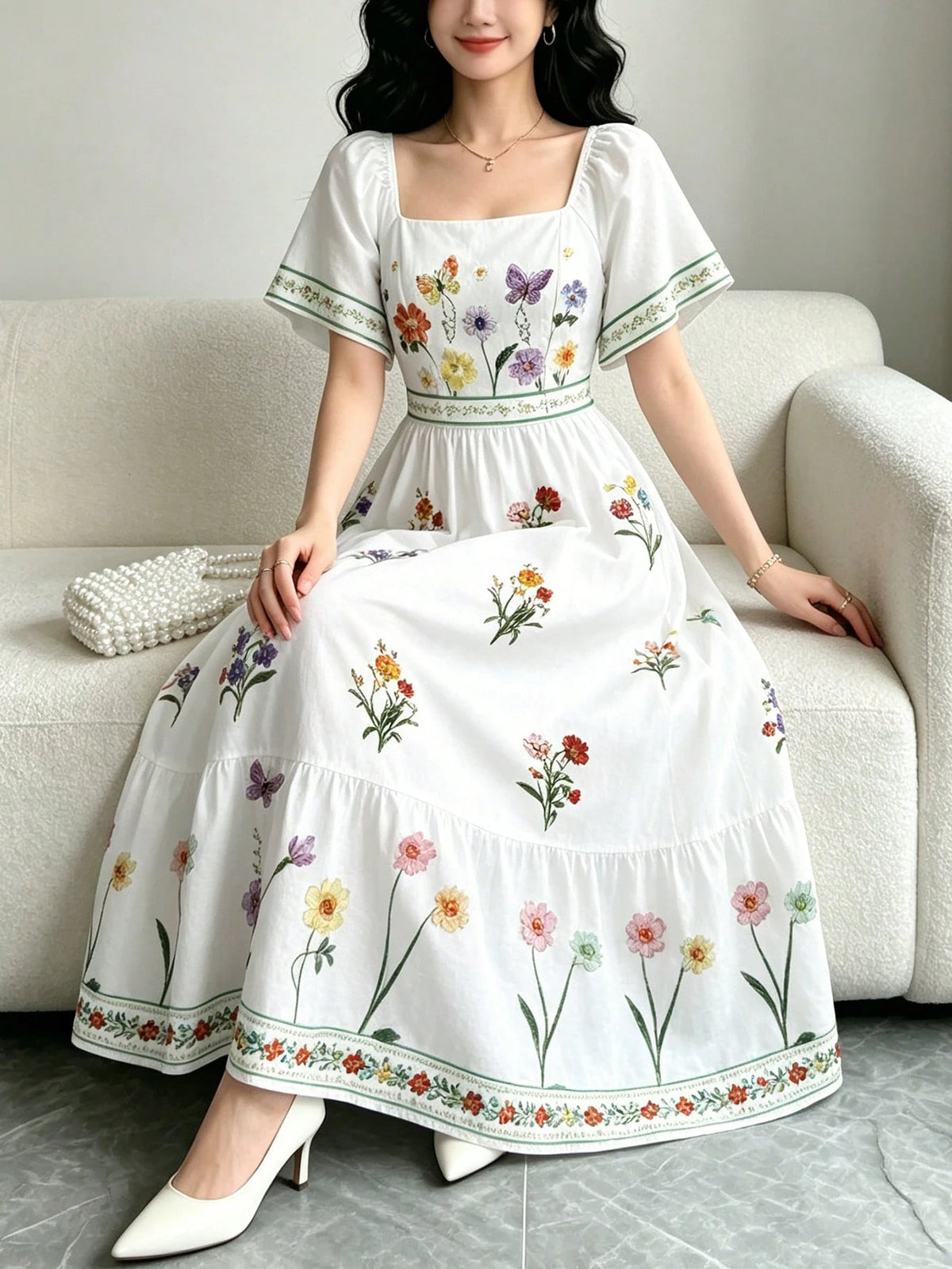 Modelyn Women's Elegant Floral Plant Print White Dress, Fashion Square Neck Large Flutter Sleeve Cap Sleeve Dress, Hemline Patchwork Ruffle Design, Bohemian Style Women's Clothing, Summer Daily And Ou