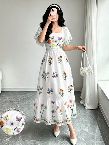 Modelyn Women's Elegant Floral Plant Print White Dress, Fashion Square Neck Large Flutter Sleeve Cap Sleeve Dress, Hemline Patchwork Ruffle Design, Bohemian Style Women's Clothing, Summer Daily And Ou