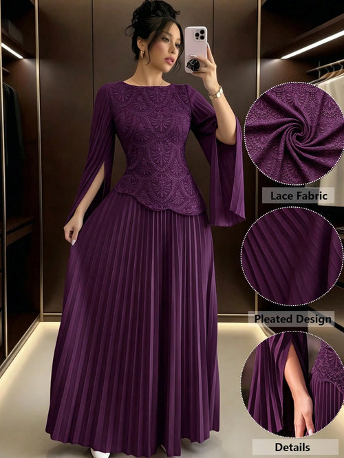 Modelyn Women's Elegant SoftSleeve Pleated Beaded Embroidery Mesh Asymmetric High-End Pleated Evening GownAutumn/Winter High-End Outfitdinner Date Dark Purple