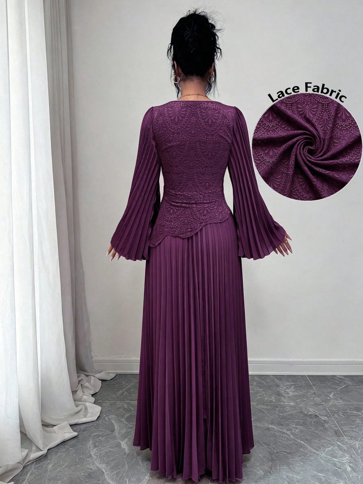 Modelyn Women's Elegant SoftSleeve Pleated Beaded Embroidery Mesh Asymmetric High-End Pleated Evening GownAutumn/Winter High-End Outfitdinner Date Dark Purple