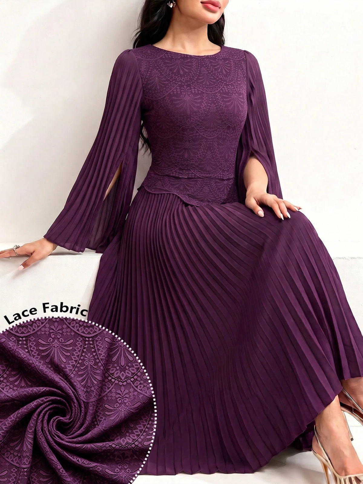 Modelyn Women's Elegant SoftSleeve Pleated Beaded Embroidery Mesh Asymmetric High-End Pleated Evening GownAutumn/Winter High-End Outfitdinner Date Dark Purple