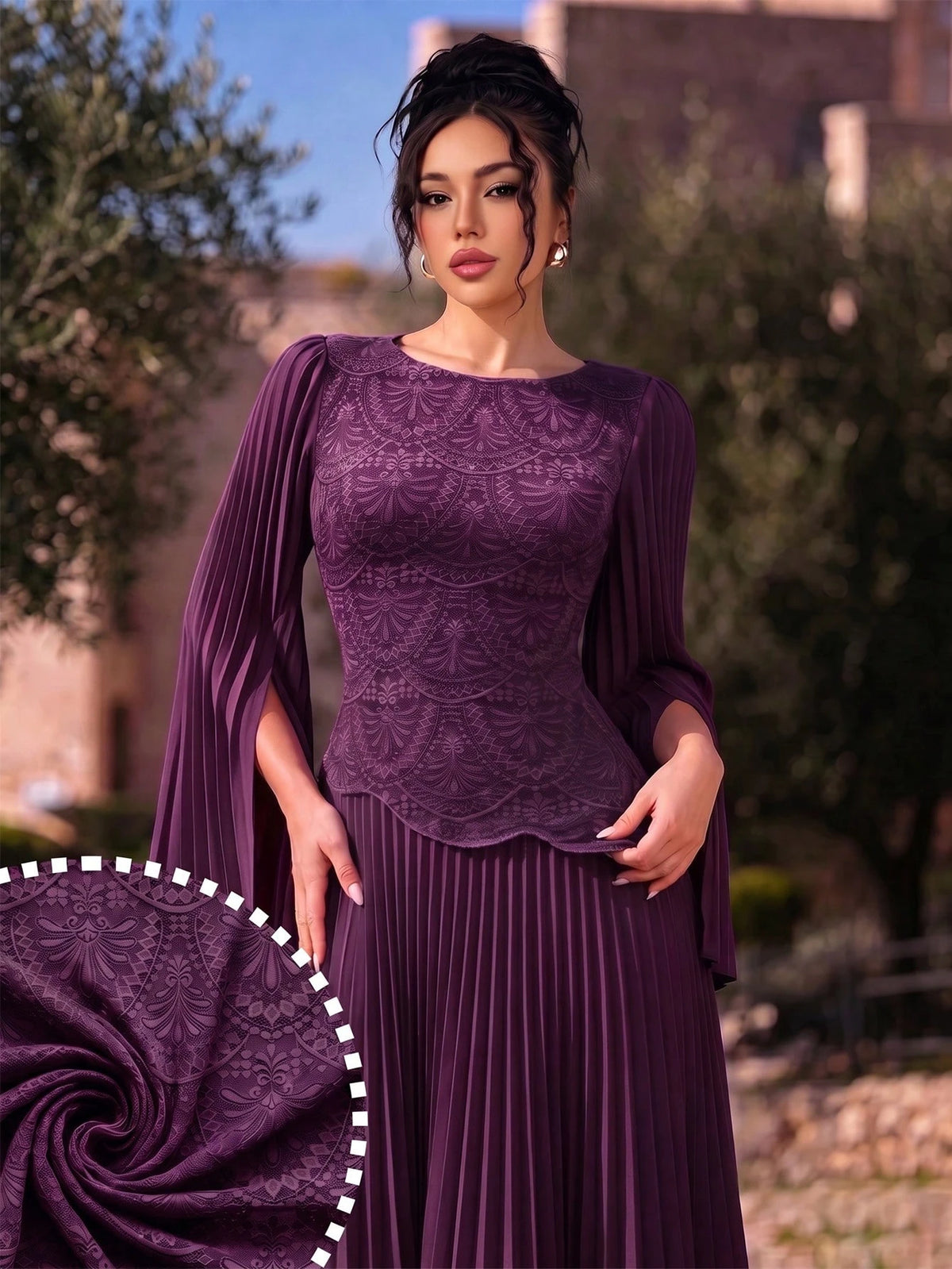Modelyn Women's Elegant SoftSleeve Pleated Beaded Embroidery Mesh Asymmetric High-End Pleated Evening GownAutumn/Winter High-End Outfitdinner Date Dark Purple