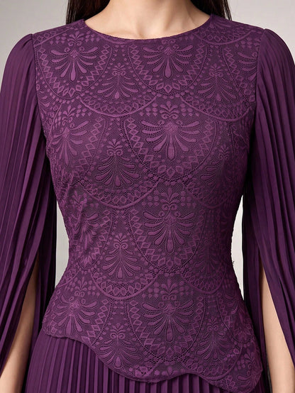 Modelyn Women's Elegant SoftSleeve Pleated Beaded Embroidery Mesh Asymmetric High-End Pleated Evening GownAutumn/Winter High-End Outfitdinner Date Dark Purple