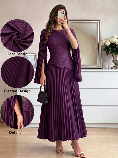 Modelyn Women's Elegant SoftSleeve Pleated Beaded Embroidery Mesh Asymmetric High-End Pleated Evening GownAutumn/Winter High-End Outfitdinner Date Dark Purple