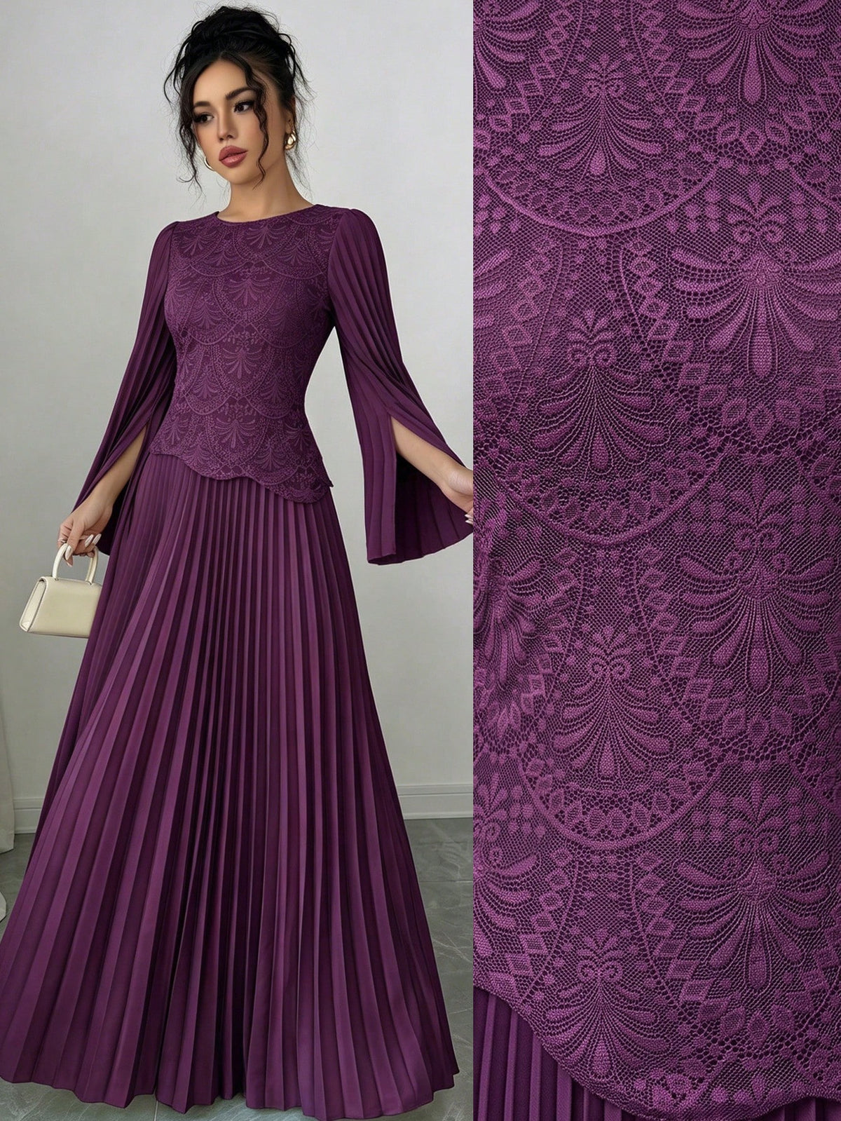 Modelyn Women's Elegant SoftSleeve Pleated Beaded Embroidery Mesh Asymmetric High-End Pleated Evening GownAutumn/Winter High-End Outfitdinner Date Dark Purple
