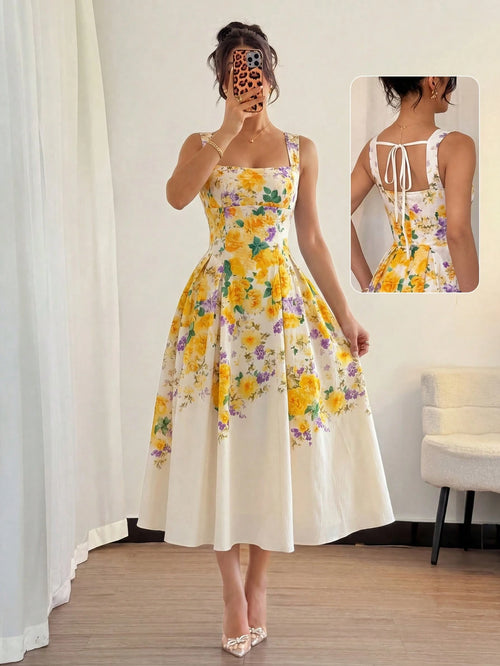 Modelyn Women's White And Yellow Floral Digital Print Tie-Waist A-Line Midi Dress,Elegant, Floral,Summer,Vintage,Tea Party Rose Floral Holiday Dress