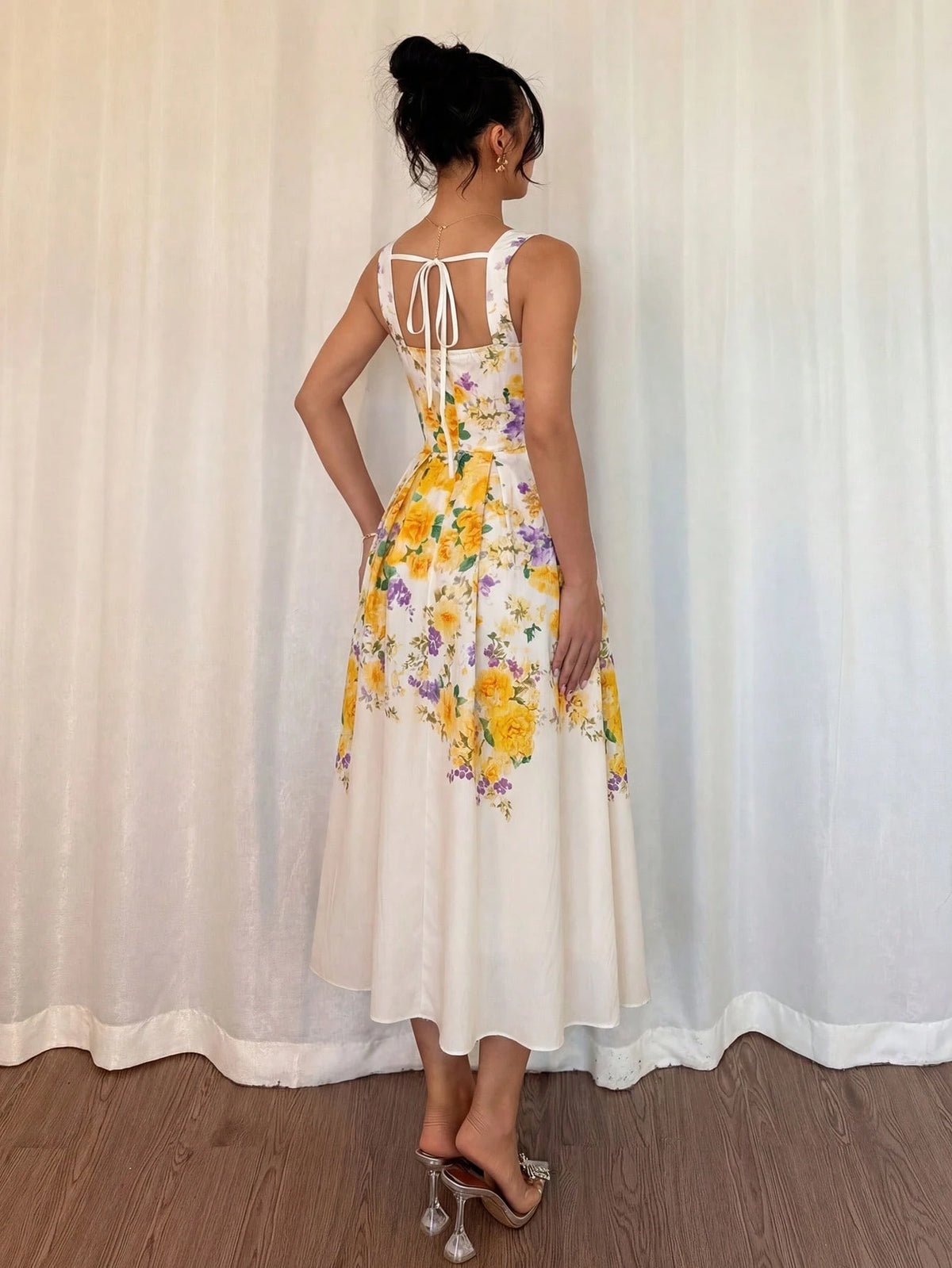 Modelyn Women's White And Yellow Floral Digital Print Tie-Waist A-Line Midi Dress,Elegant, Floral,Summer,Vintage,Tea Party Rose Floral Holiday Dress