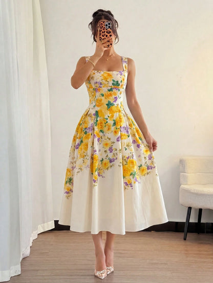 Modelyn Women's White And Yellow Floral Digital Print Tie-Waist A-Line Midi Dress,Elegant, Floral,Summer,Vintage,Tea Party Rose Floral Holiday Dress