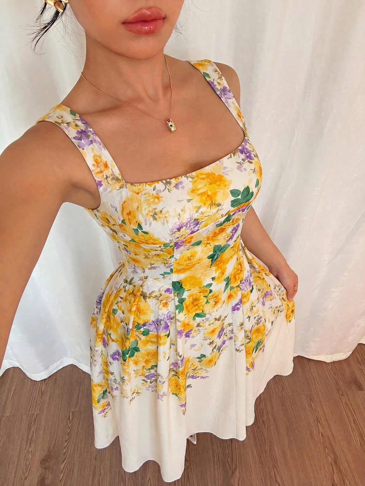 Modelyn Women's White And Yellow Floral Digital Print Tie-Waist A-Line Midi Dress,Elegant, Floral,Summer,Vintage,Tea Party Rose Floral Holiday Dress