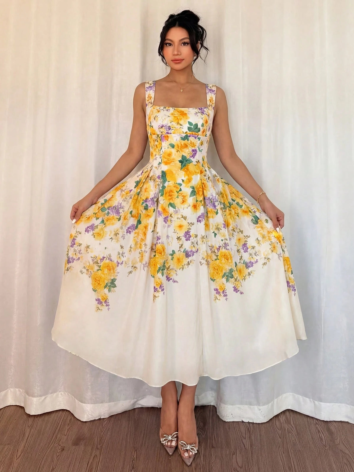 Modelyn Women's White And Yellow Floral Digital Print Tie-Waist A-Line Midi Dress,Elegant, Floral,Summer,Vintage,Tea Party Rose Floral Holiday Dress