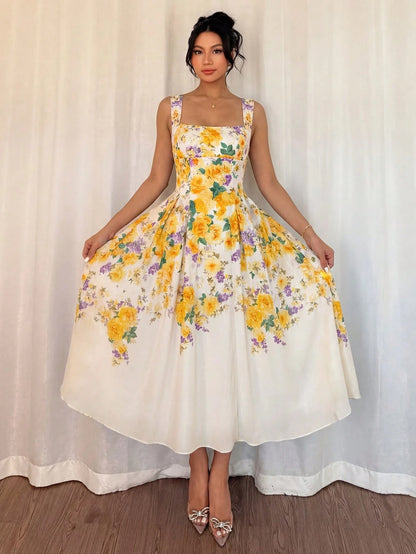Modelyn Women's White And Yellow Floral Digital Print Tie-Waist A-Line Midi Dress,Elegant, Floral,Summer,Vintage,Tea Party Rose Floral Holiday Dress