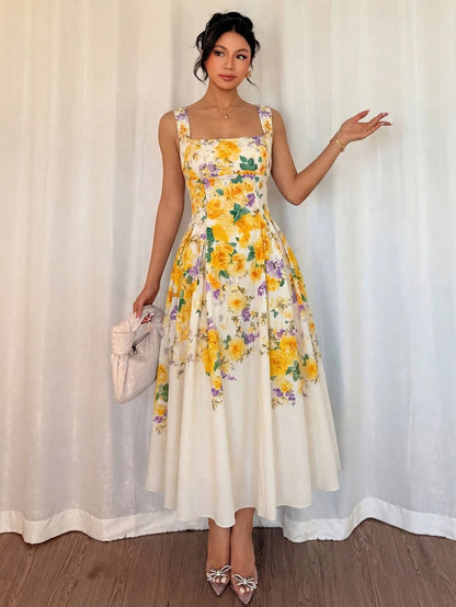 Modelyn Women's White And Yellow Floral Digital Print Tie-Waist A-Line Midi Dress,Elegant, Floral,Summer,Vintage,Tea Party Rose Floral Holiday Dress