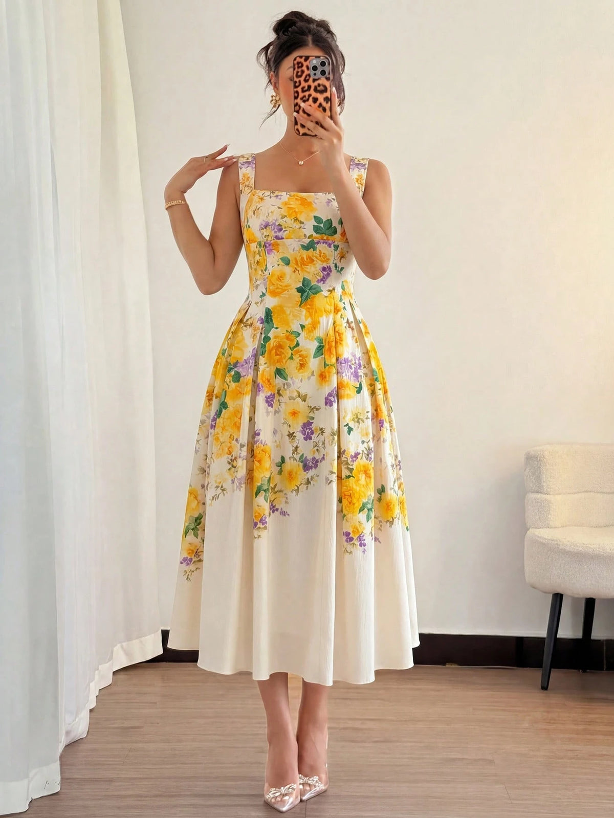 Modelyn Women's White And Yellow Floral Digital Print Tie-Waist A-Line Midi Dress,Elegant, Floral,Summer,Vintage,Tea Party Rose Floral Holiday Dress