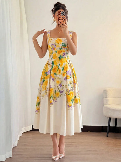 Modelyn Women's White And Yellow Floral Digital Print Tie-Waist A-Line Midi Dress,Elegant, Floral,Summer,Vintage,Tea Party Rose Floral Holiday Dress