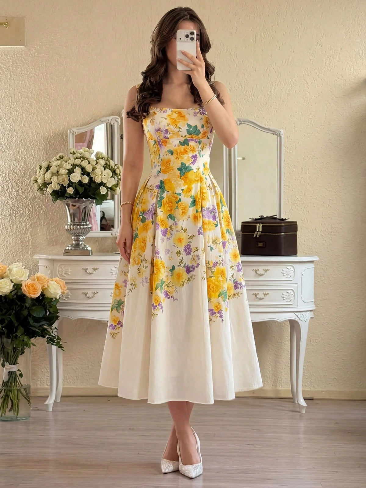 Modelyn Women's White And Yellow Floral Digital Print Tie-Waist A-Line Midi Dress,Elegant, Floral,Summer,Vintage,Tea Party Rose Floral Holiday Dress