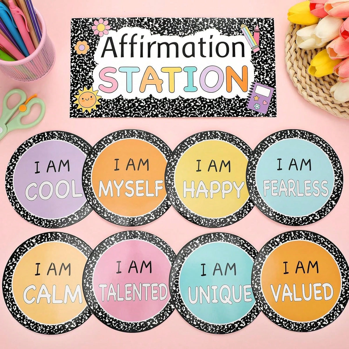 Mooliwe 21 Pcs Back To School Affirmation Station Bulletin Board Set Composition Motivational Posters Composition Notebook Classroom Decor Positive Bulletin Board Decoration For School Office Decor
