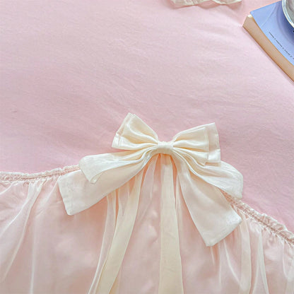 MOOWOO Chic Lace & Bow Comforter Set For Women| Ruffled Bedding Collection With Pillowcases| Home Elegance,Pink