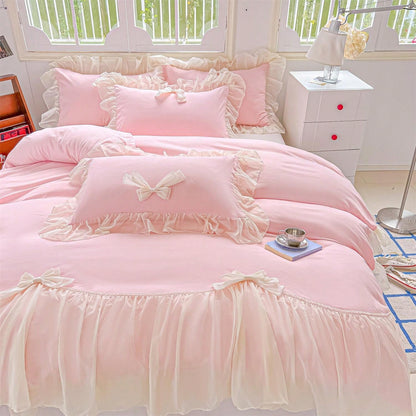 MOOWOO Chic Lace & Bow Comforter Set For Women| Ruffled Bedding Collection With Pillowcases| Home Elegance,Pink