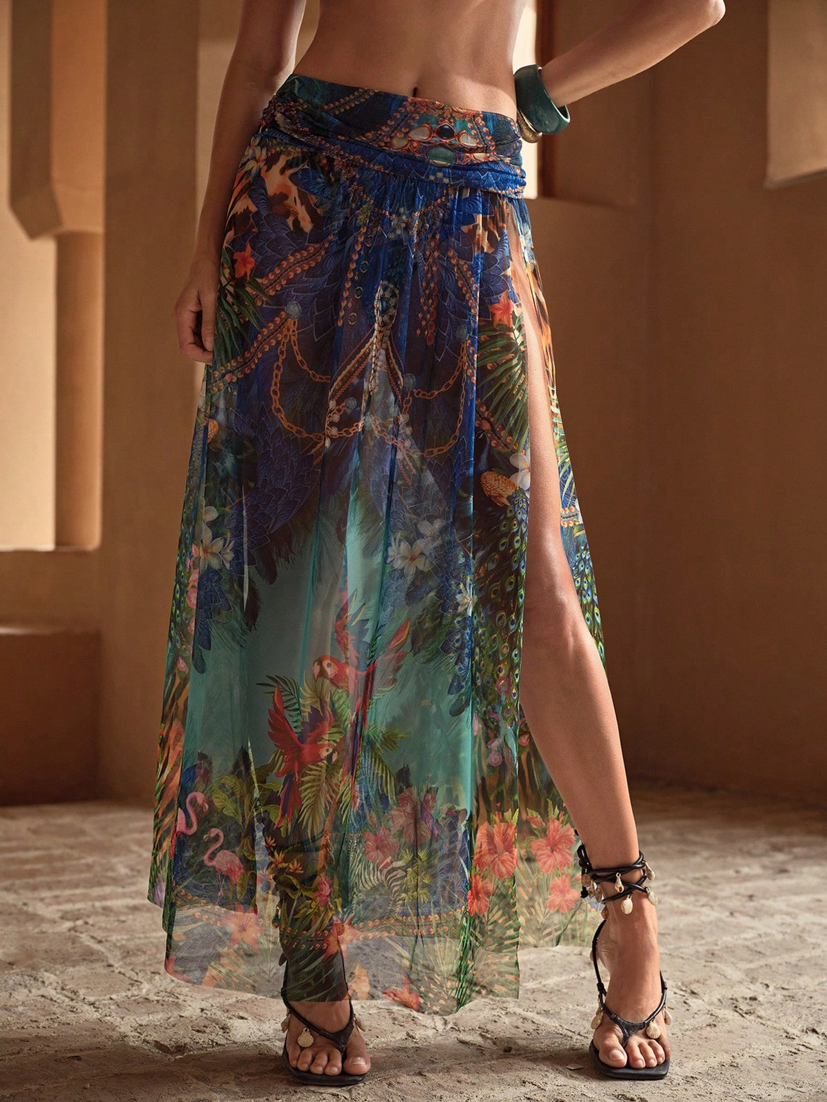 MOTF PREMIUM MULTICOLOR PRINTED LUXURY PRINTED MESH SWIMSUIT COVER-UP SKIRT