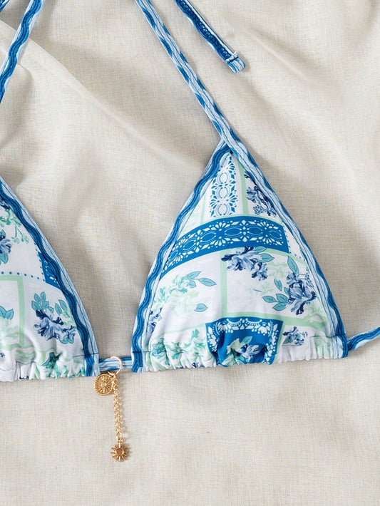 Mother's Day Summer Swimwear, 1pc Women Elegant Cute Printed Spaghetti Strap Backless Bikini Top, Suitable For Beach Holiday Vacation