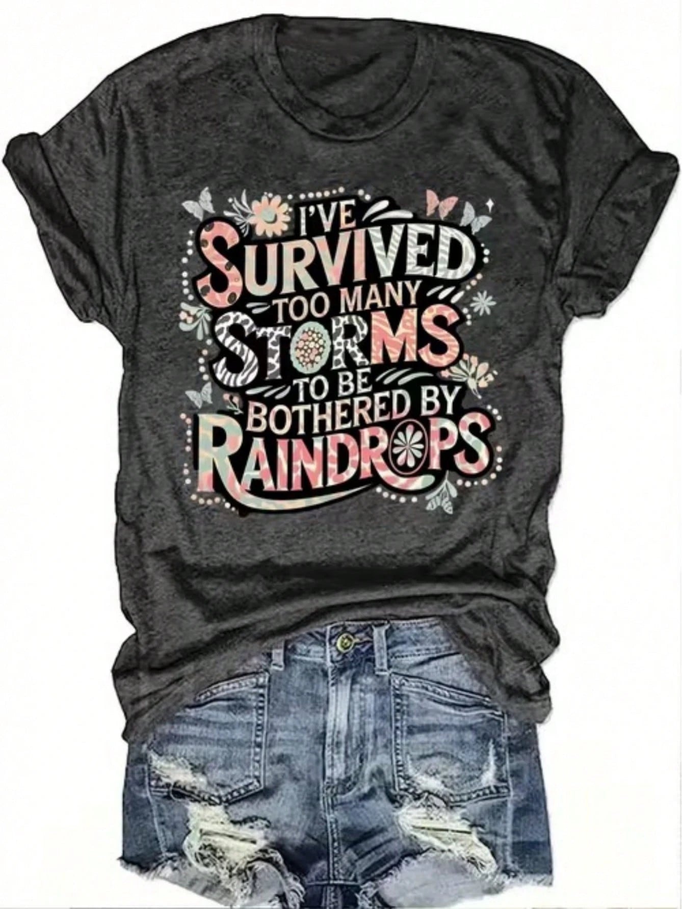 Motivational Quote With Floral & Butterfly Accents Patterned Print Casual Short Sleeve Top Printed T-Shirt Pattern Text Women's Top