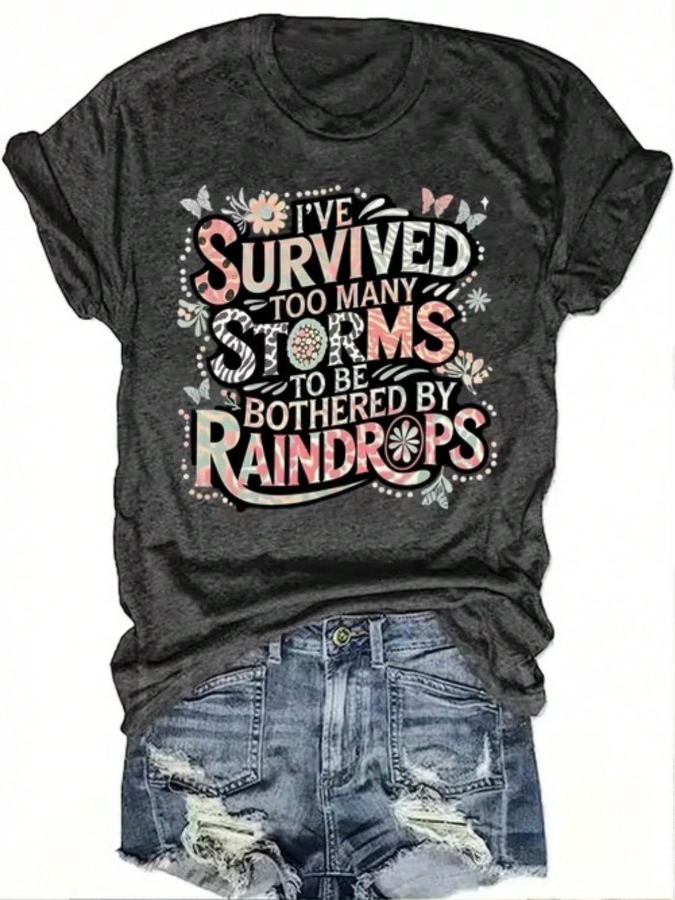Motivational Quote With Floral & Butterfly Accents Patterned Print Casual Short Sleeve Top Printed T-Shirt Pattern Text Women's Top
