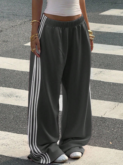 Muchica Dark Grey Knit Casual Wide Leg Pants, Sporty Women Sweatpants Streetwear Loose Palazzo Women,Fall,Fall Clothes For Women,Winter