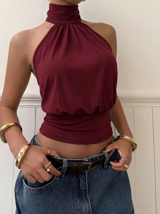 Muchica Wine Red Knit Halter Neck Women's Top