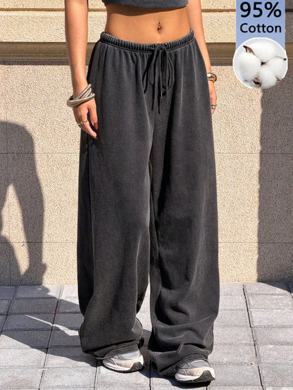 Muchica Women's Casual Low-Rise Straight-Leg Sweatpants,Retro Washed Wide-Leg Pants,Drawstring Black Pants For Winter Date,Cotton Sportswear, Pants
